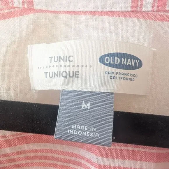 Old Navy Popover Tunic Linen Blend Red White Stripe Size Medium Nautical Coastal - Picture 5 of 6